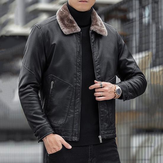 Men Imitation Leather Jacket with Velvet Lining Lapel Long Sleeve Zipper Placket Solid Color Autumn Winter Coat