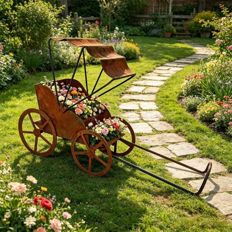 Metal Flower Pot Cart With Pull Handle and Wheel Frame, Aged Rickshaw Holder for Balcony Entry Corner, Porch and Home Garden Display