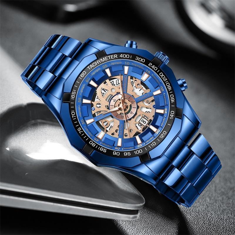 BINBOND Men Watch Light Luxury Brand Business Hollow Luminous Waterproof Stainless Steel Metal Strap Male Fashion Quartz Watches