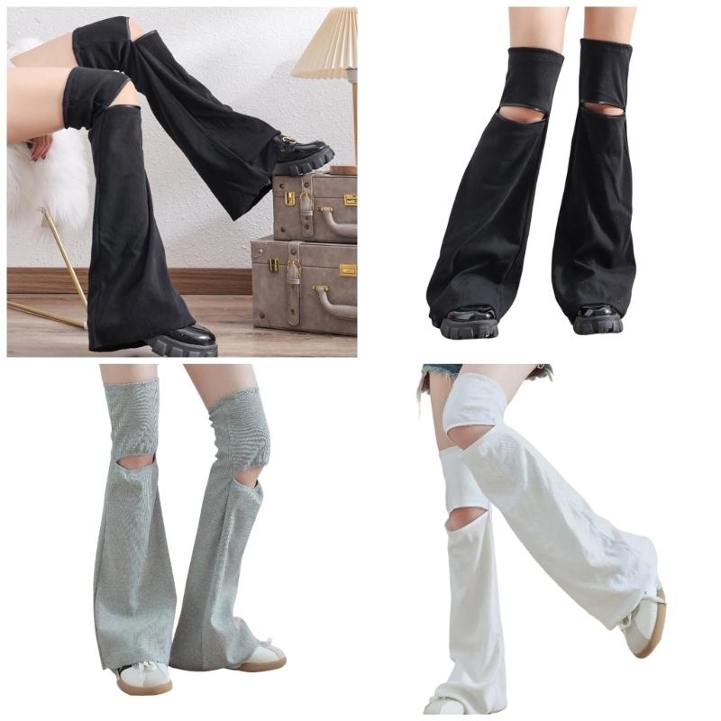 Women Punk Hollowed Out Thgh High Flared Leg Warmers Over Knee Long Socks Solid Color Leg Covers Stockings Streetwear