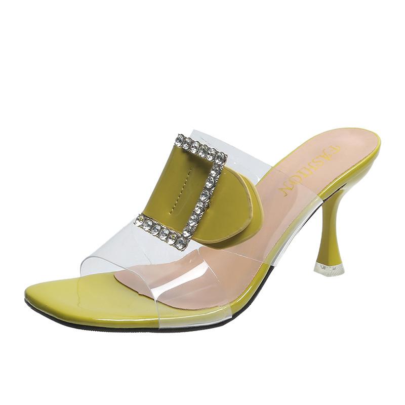 

Fashion Slipper Woman 2024 New Rhine-diamond Slim Heels Wearing High Heels Transparent One-line Fashion Slippers Female Summer 34 жёлтый