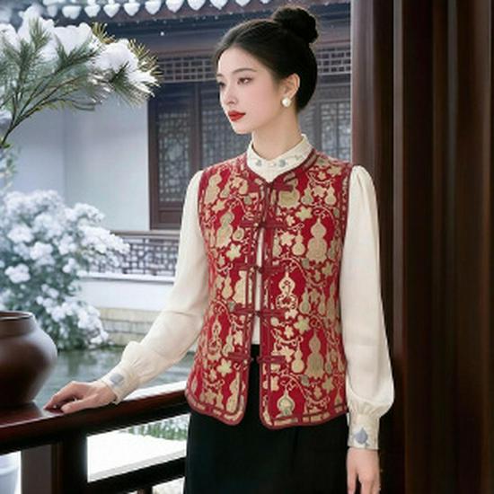 Women s Winter Embroidered Frog Button Tang Vest – 2026 New High-End National Style Outerwear 3XL красный
