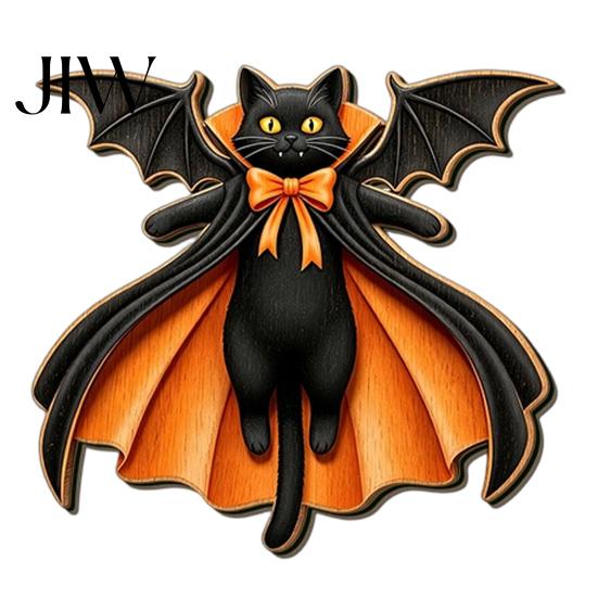 Seasonal Wall Art Black Cat Ghost Door Sign, Halloween Decorative Plaque, Wooden Hanging Scary Signs Vintage Rustic Decor with Jute Rope, Sign