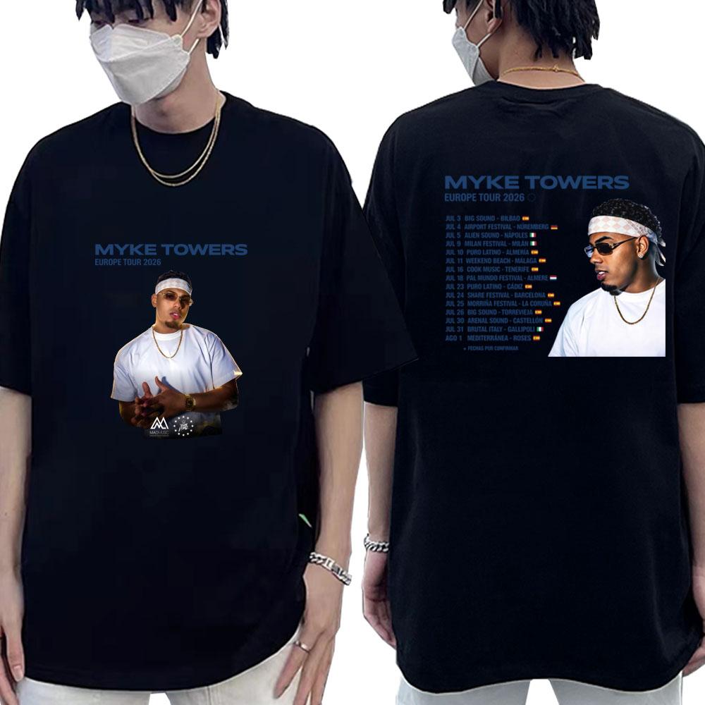 Rapper Myke Towers Europe Tour Date 2026 Tshirt Unisex Women Fashion Streetwear Hip Hop Tee Tops Casual Cotton Short Sleeve T-shirt