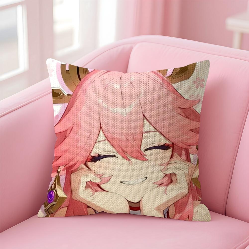 Genshin Impact Yae Miko Cushion Cover Natural Linen Pillow Case Double-Sided Print Decorative Sofa Pillowcase Home Decor Gift