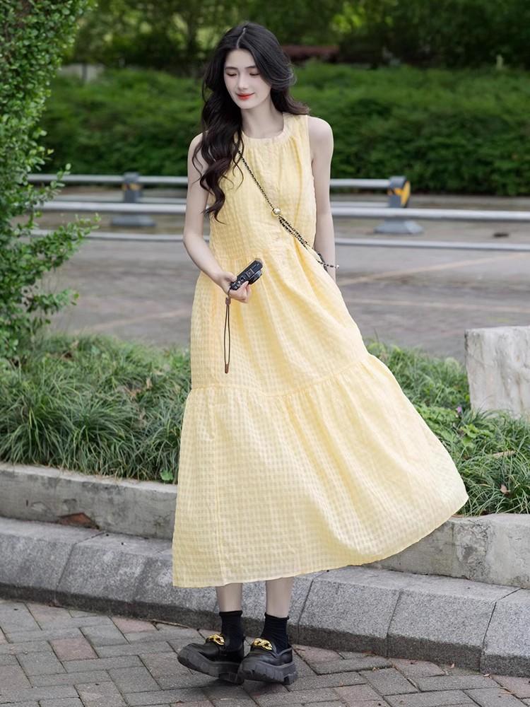 

French yellow plaid sleeveless vest dress women s summer a-word long dress dopamine seaside vacation skirt 2XL жовтий