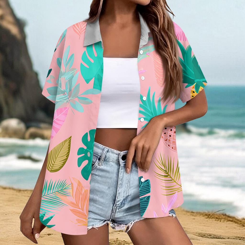 Women's fashionable casual Hawaiian print short-sleeved button-down collar shirt top
