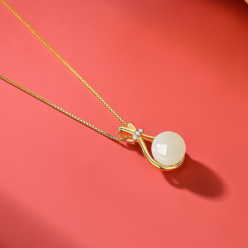 Tichia Real S925 Sterling Silver Hetian Jade Lucky Bag Necklace - Elegant Women's Clavicle Chain
