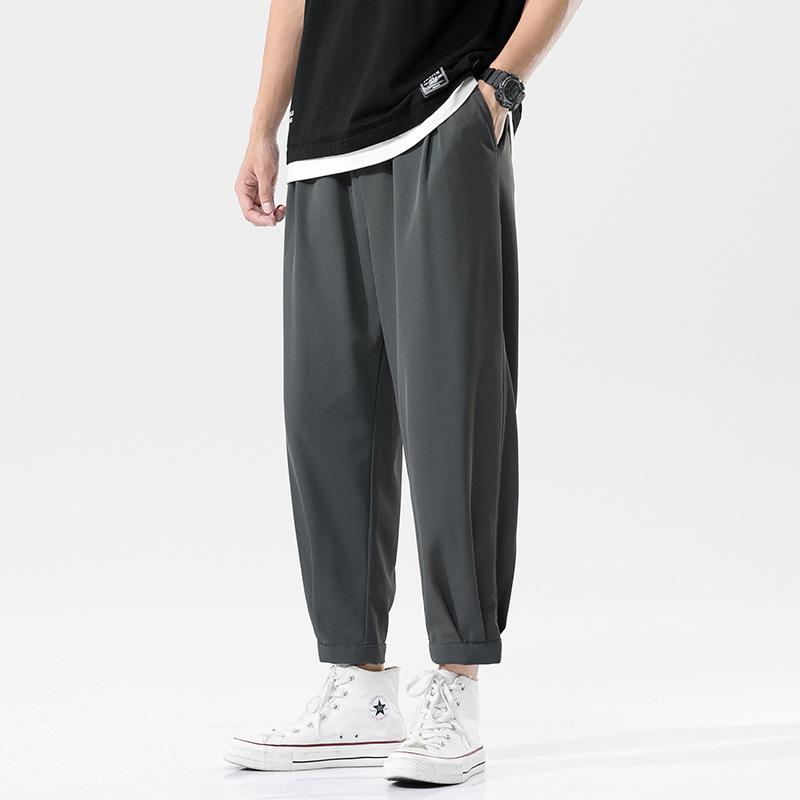 

Spring and Summer Pants Men s Ice Silk Trousers Trendy Casual Pants Loose Straight Pants Nine-point Sweatpants Versatile M темно-серого