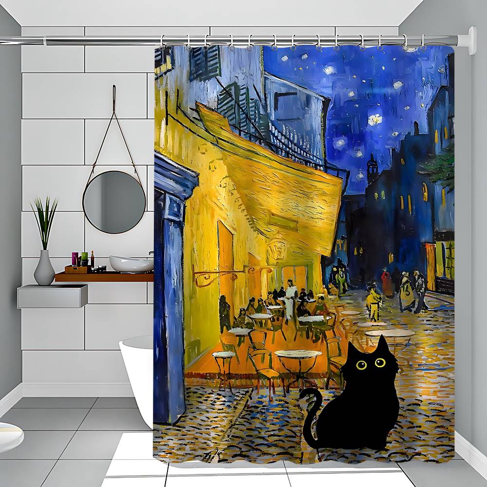 Lustige Kunst Matisse Monet Schwarze Katze Van Gogh Sonnenblumen Duschvorhang - Wasserabweisend und auslaufsicher, Schimmel- und Mehltau