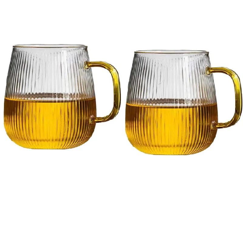 1-6PCS Japanese Striped Glass with HandleTransparent Water Cup Home Net Celebrity Heat-Resistant Drinking Juice Cup Wine Glasses