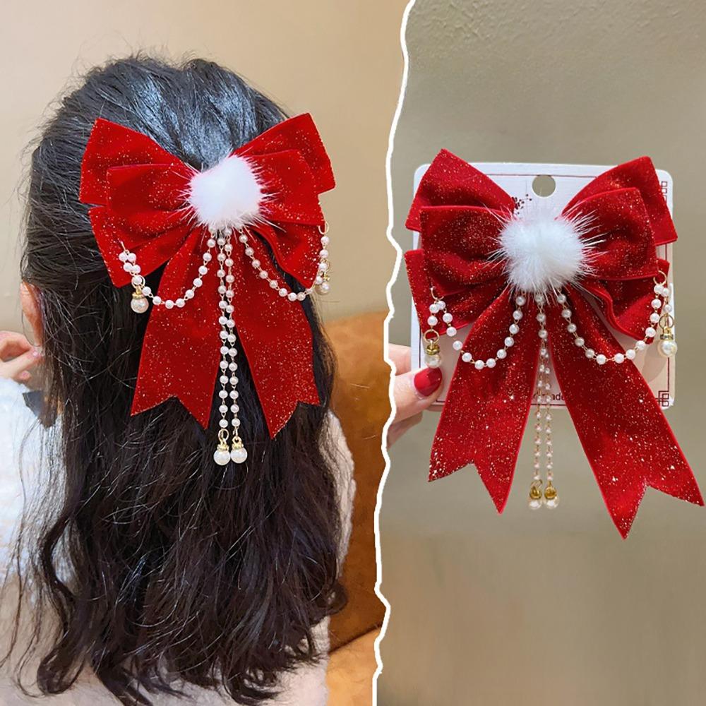 Headwear Red Bow Hair Clips Jewelry Tassels Pearl Barrettes Ribbon Hairpin  Hair Styling Accessory