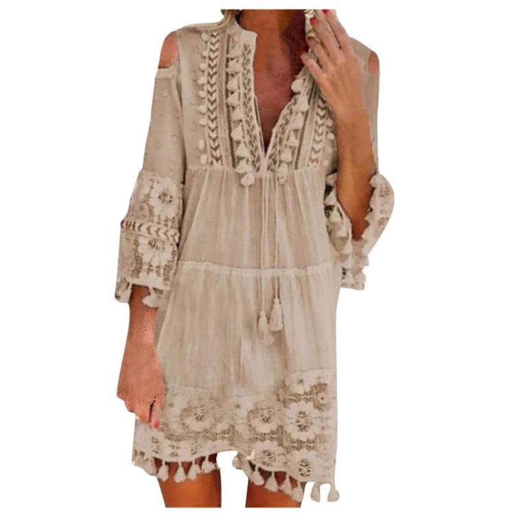 Boho Lace Mini Dress Women Fashion V Neck Three Quarter Sleeve Tassel Dress