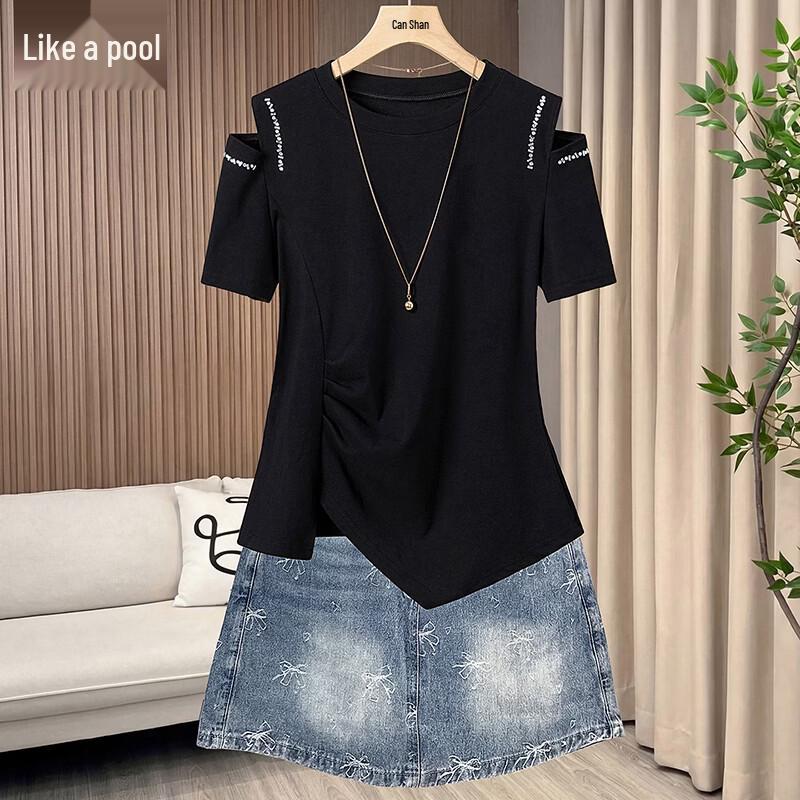 Women s Off-Shoulder Pleated Rhinestone T-Shirt S