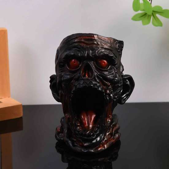 Resin Desk Organizer Gothic Skull Pen Holder, Realistic Zombie Head Makeup Brush Organizer, Large Capacity Desktop Holder Storage Container,