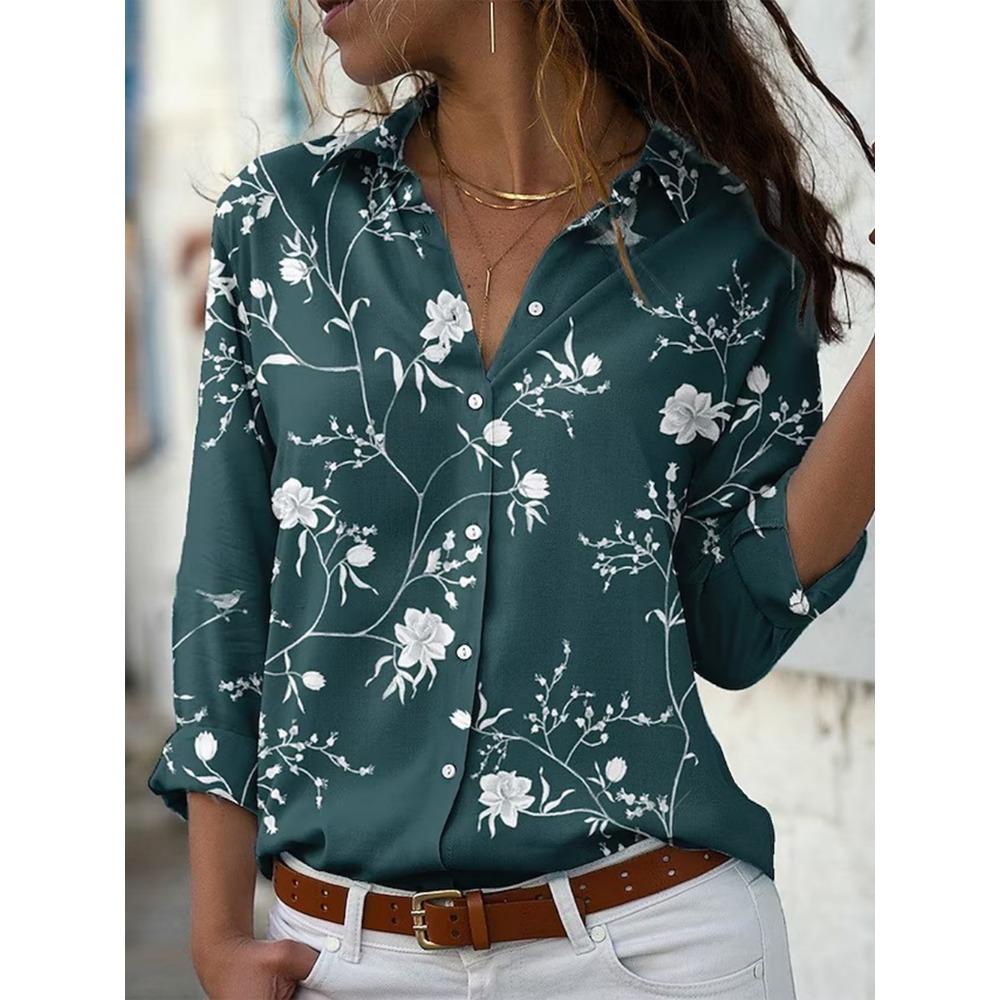 Fashion Women's Shirt & Blouses Elegant Flower Leaf Shirt Print High Quality Long Sleeve Large Size Female Clothing Blouse Tops