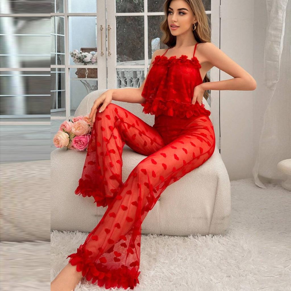 Indumenti da Notte da Donna Abito a Spallina Sottile Camicie da Notte Sexy Trasparenti Pizzo Sottoveste Pigiami Set Sexy Lingerie