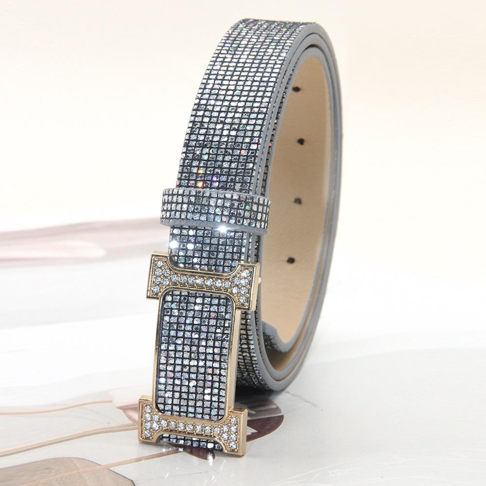 Glitter PU Leather Belt Bling Bling Slide Buckle Belt Vintage Trendy Waistband  Women