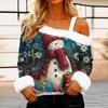 Women's Casual Fashion Sexy Off-Shoulder Collar Christmas Pattern Long Sleeve Crewneck T-Shirt Top