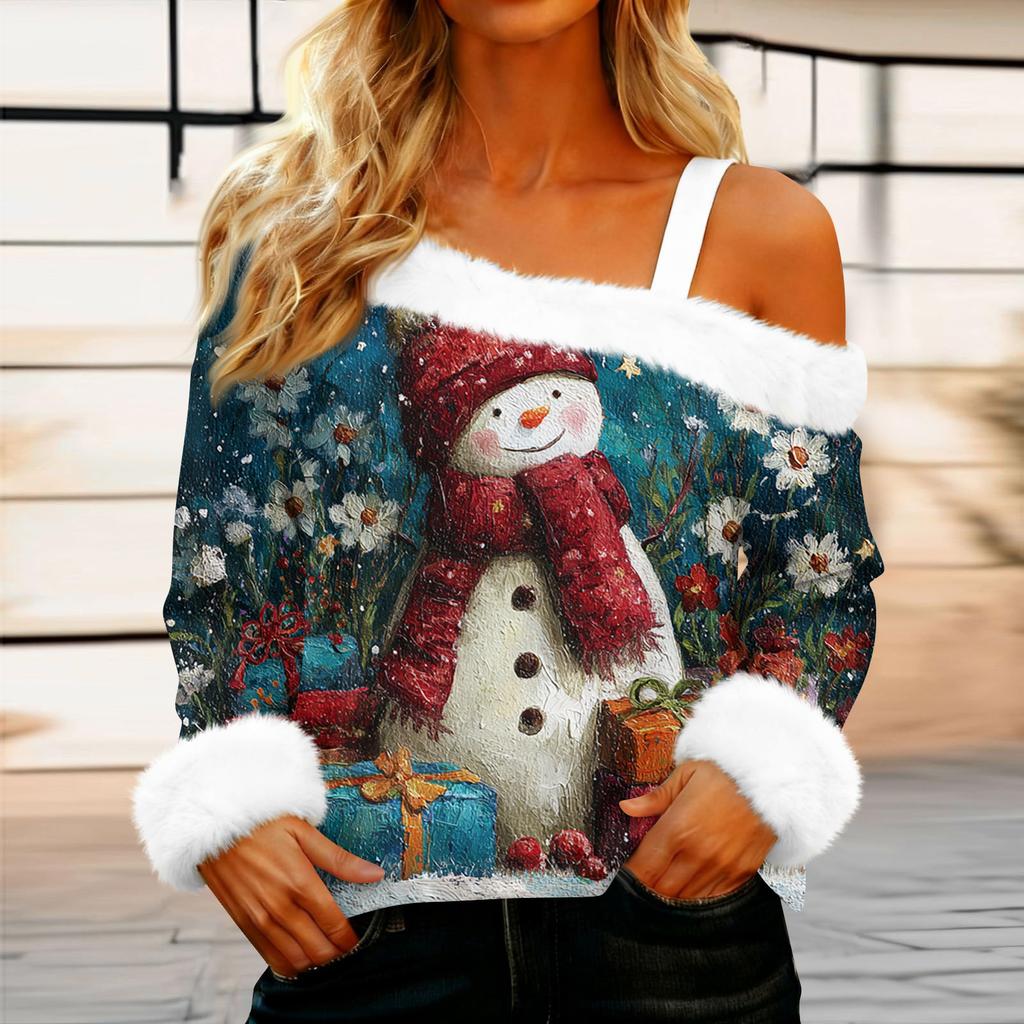 Women's Casual Fashion Sexy Off-Shoulder Collar Christmas Pattern Long Sleeve Crewneck T-Shirt Top