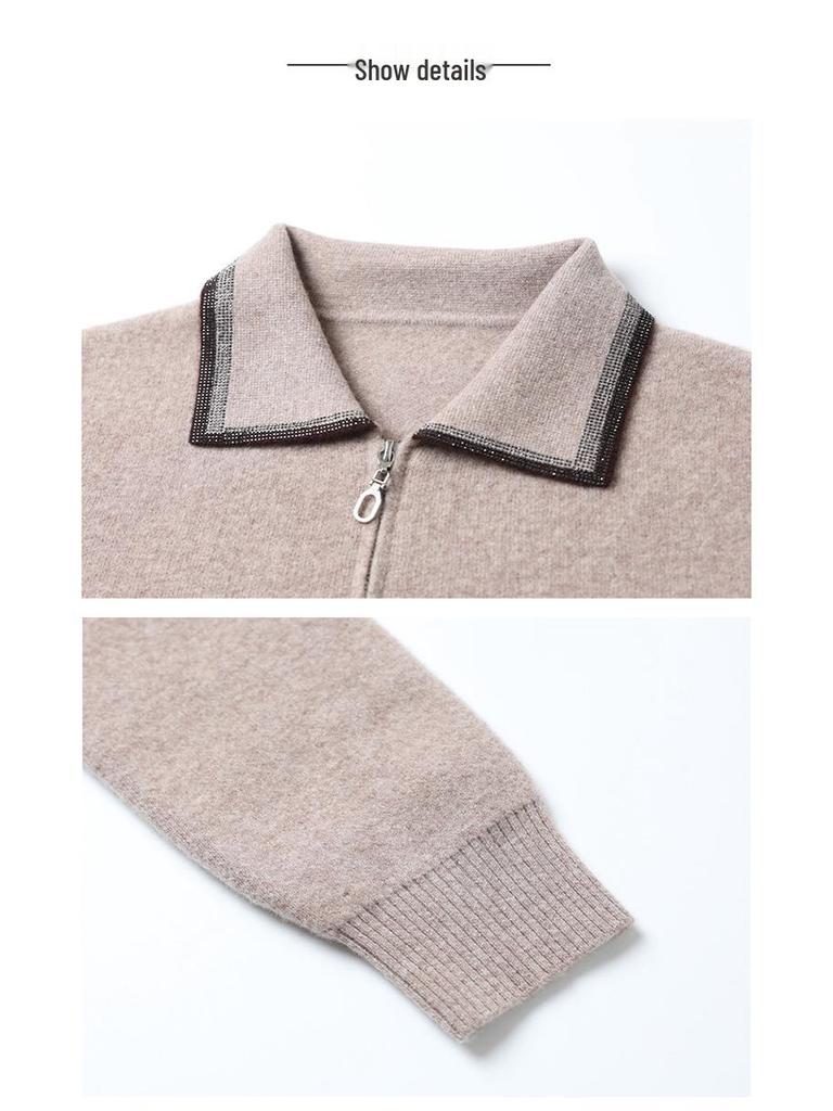 100% Pure Wool Women's Zipper Stand Collar Sweater Coat for Spring and Autumn/Winter Warmth, Ideal for Mid-Aged and Elderly