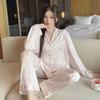 Herbst Pyjama Damen Seide Süß Senior Sinn für Seide Hausanzug Cardigan Revers Langärmelig Hose Bequeme Nachtwäsche