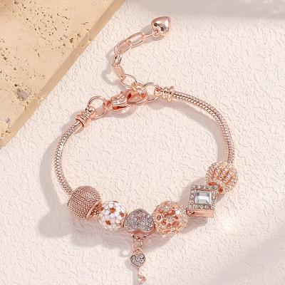 Women All Match Stainless Steel Crystal Love Lock Key Beads Bracelet