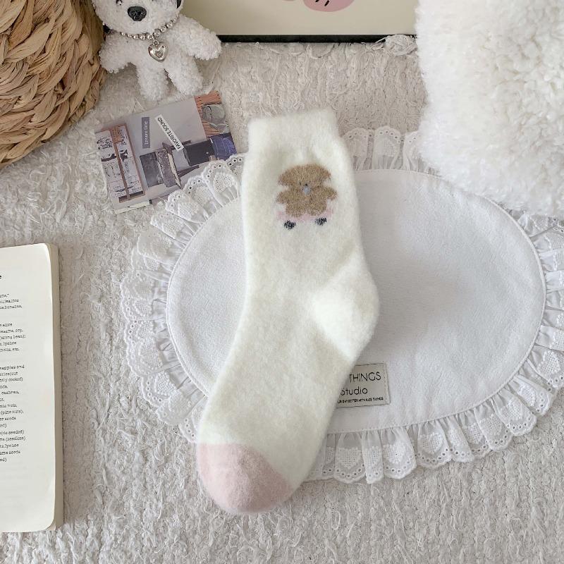 Pink Down-proof Socks - Children's Autumn-winter Warm-up Thickened Mid-calf Socks with Cute Cartoon Dog Design Floor Socks