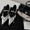 Pointed Silver Sequined Flower Mary Jane Women's Shoes One-word Buckle with Shallow Mouth Inner Height Increase Single Shoes