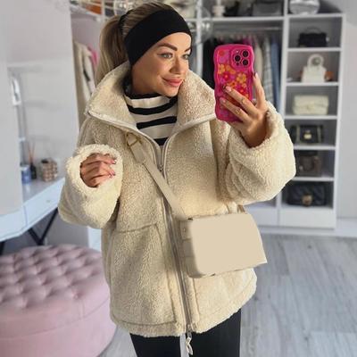 Women Winter Woolen Coat Turn-down Collar with Pockets Loose Pure Color Thermal Zipper Closure Long
