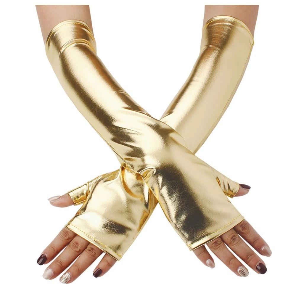 Fake Leather Metallic Gloves Gold Silver Long Gloves Sexy Leather Gloves  Evening Party