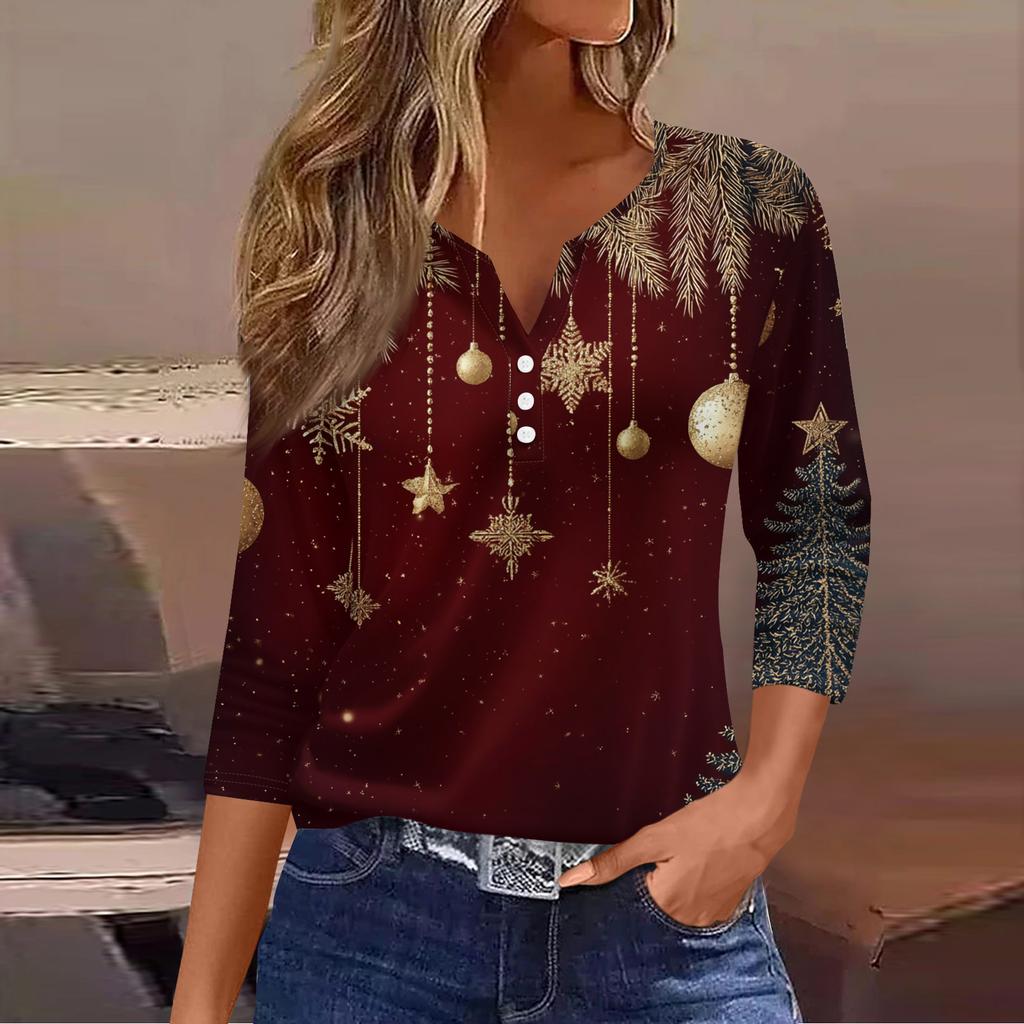 Women's Casual Fashion V-neck Loose Versatile Christmas Print Three-quarter Sleeve Top