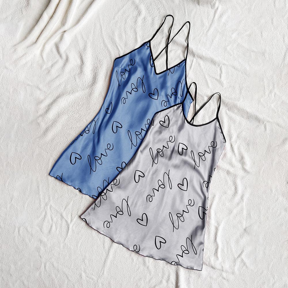 2 Stylish and Breathable Silk Print Slip Nightdress Sexy Halter Pajamas