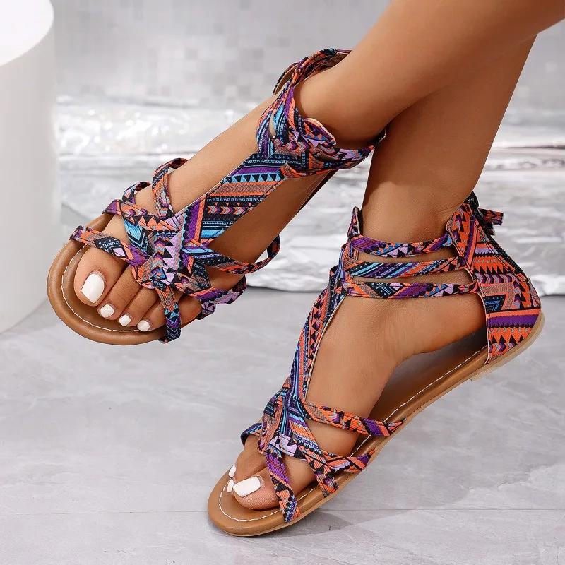 Fashion Summer Women's Roman Sandals Flat Heel Wrap Rear Zipper Open Toes Women Sandalias Outdoor Beach Anti-slip Zapatillas De Mujer