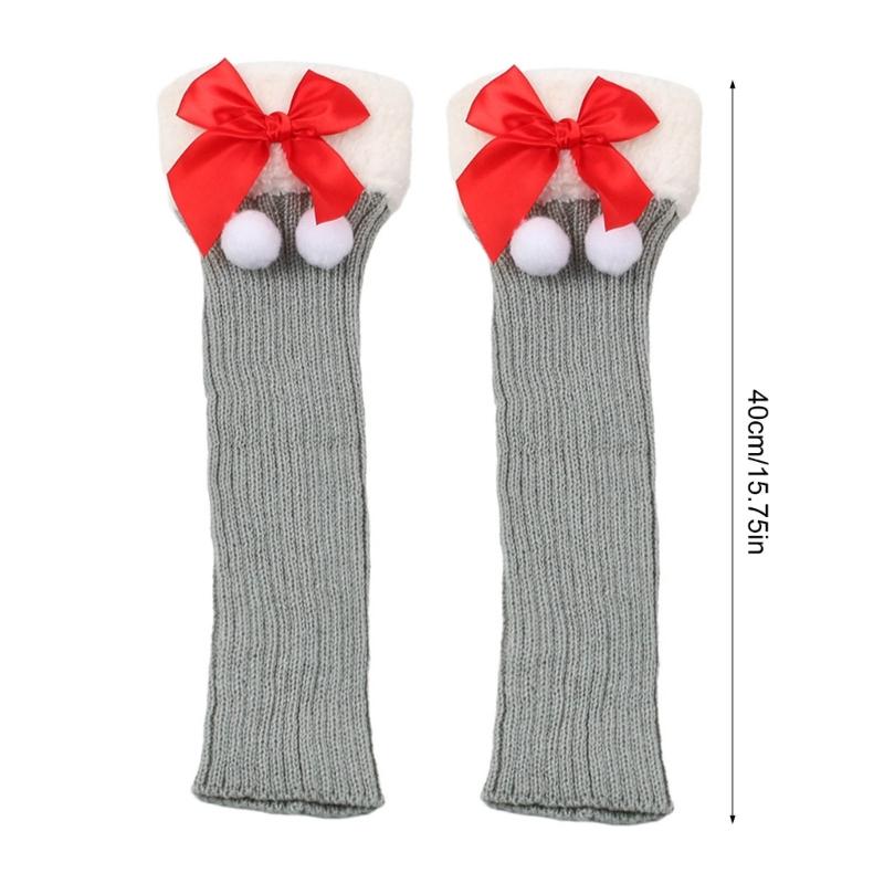 Christmas Fleece Trim Warm Leg Warmers Sweet Plush Balls Bows Knitted Boot Covers Festival Footless Socks for Women