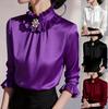 Women Ruffle Mock Neck Satin Blouse Long Sleeve Pearl Brooch Decor Solid Silk Shirt Polyester French Elegant Commute Top