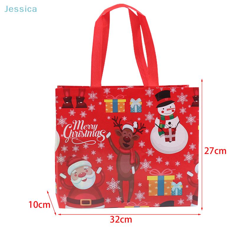 10Pcs Christmas Reusable Tote Bag - Santa/Reindeer/Snowman Print Shopping Bag For Holiday Gift Wrapping & Daily Use