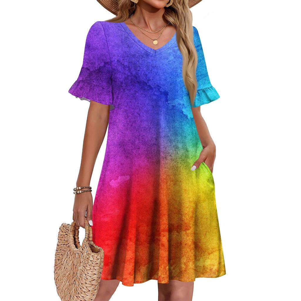 Damen A-Linie Sommerkleid Kurzarm V-Ausschnitt Bedrucktes Kleid Mit Taschen