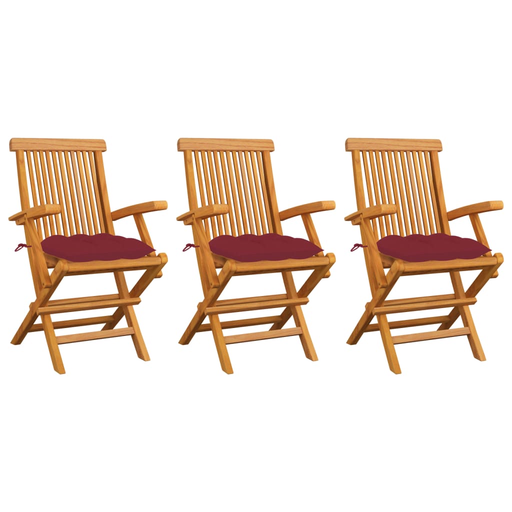 Garden Chairs with Burgundy Cushions 3 pcs Solid Teak Wood