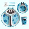 5-Piece Bamboo Fiber Children's Tableware Set: Cow & Ladybug Design with Plate, Bowl, Fork, and Spoon.