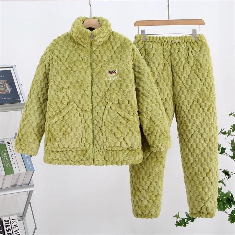 Thickened pajamas women's winter three-layer coral fleece padded cotton can be worn outside, plus sweet loungewear set