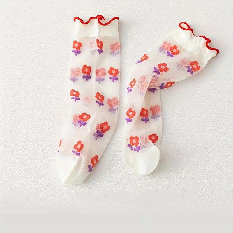 Dünne Strümpfe mit Fruchtdruck und gerollten Kanten für Damen Erdbeere Niedlich Lolita JK Kristallstrümpfe