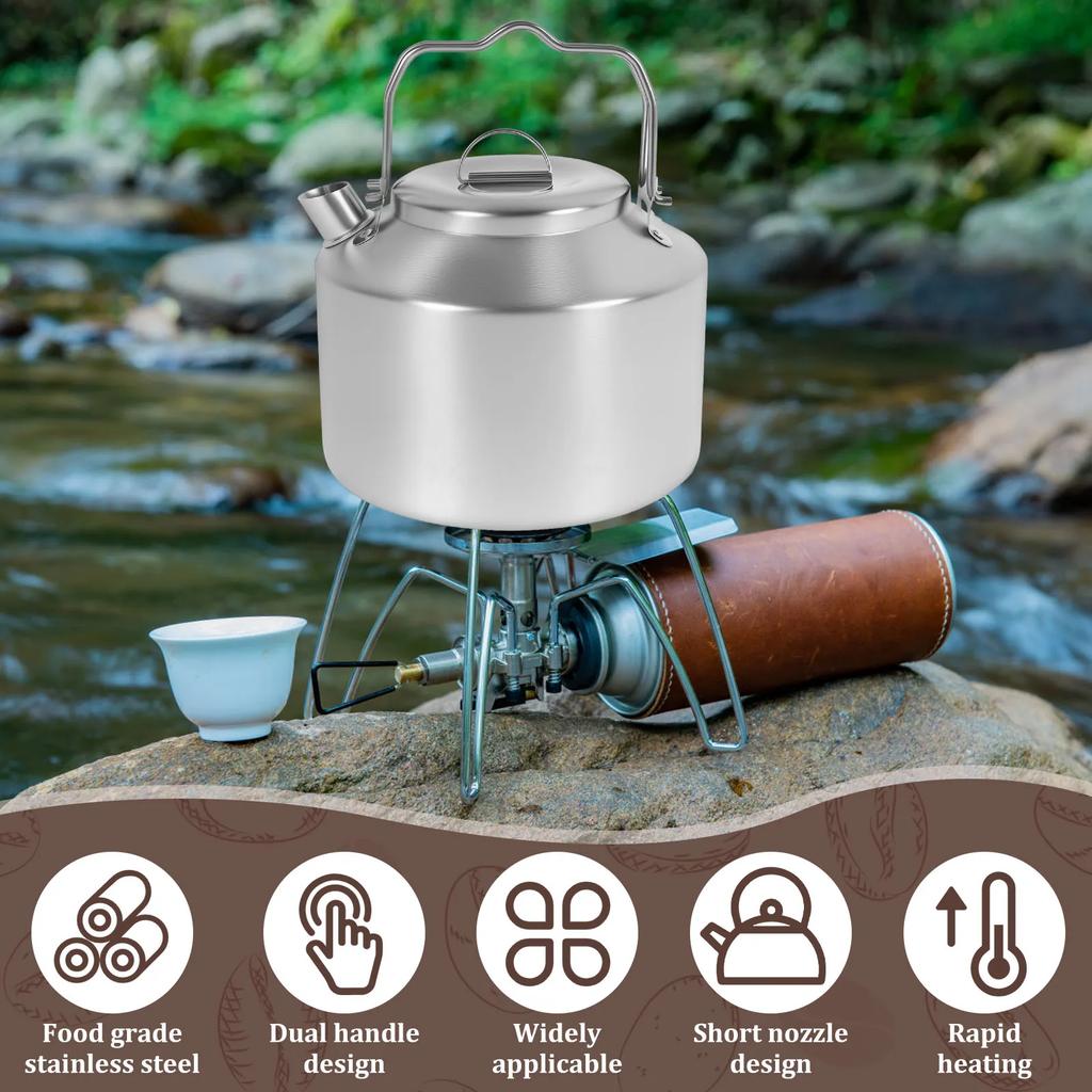 Campingkessel mit Doppelgriff Edelstahl Kurzes Auslaufdesign Tragbare Camp Tee-Kaffeekanne für Reise Outdoor-Aktivität