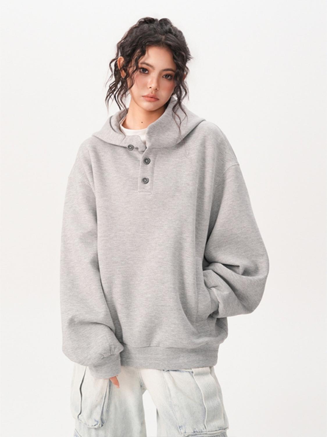 Men s CleanFit High-Neck Hooded Sweatshirt - Loose, Heavyweight Button-Up for Autumn/Winter XL