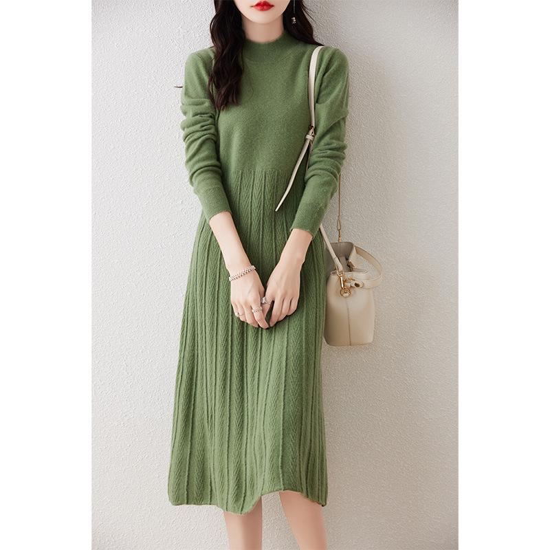 Elegant Merino Wool Women's Bodycon Knit Dress - New Style with Half High Neck and High Waist Design