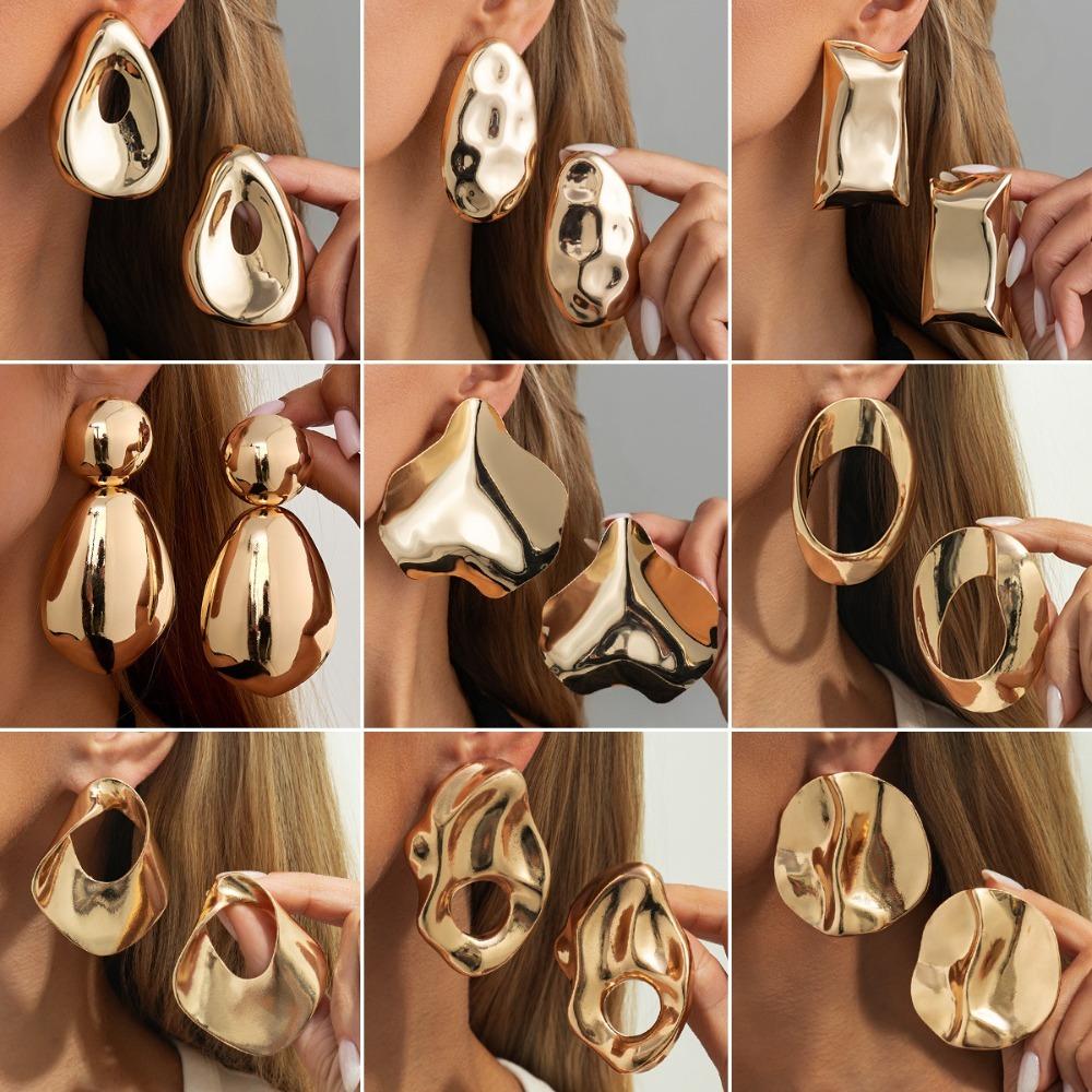 Exaggerated Irregular Metal Smooth Surface Stereo Stud Earrings for Women Fashion Geometric Pleated Hollow Earrings Jewelry Gift