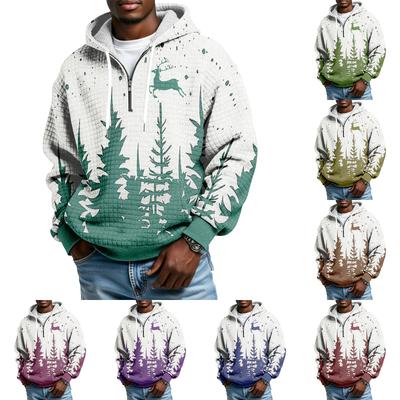 Men's Half-Zip Hooded Plaid Pullover Drawstring Print Casual Sports Sweatshirt