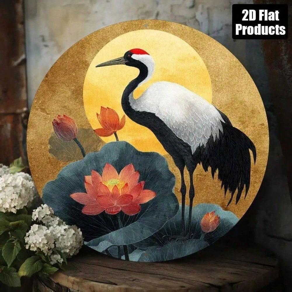 Round Metal Crane Lotus Wall Art Gold Background Decor