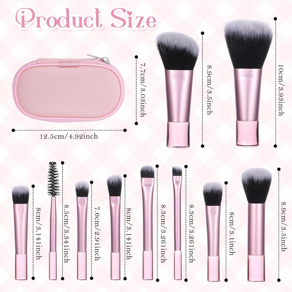 CoolShef 10 Pcs Mini Travel Makeup Brush Set with Blush Powder Eye Shadow, Make Up Brushes for Women, Compact Pink Cosmetic Kit for Beauty Lovers a