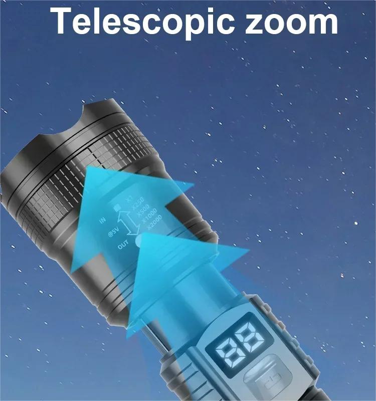 Super Bright LED Flashlight Battery Display USB Rechargeable Light Telescopic Zoom Torch Lamp Outdoor Camping Fishing Lantern